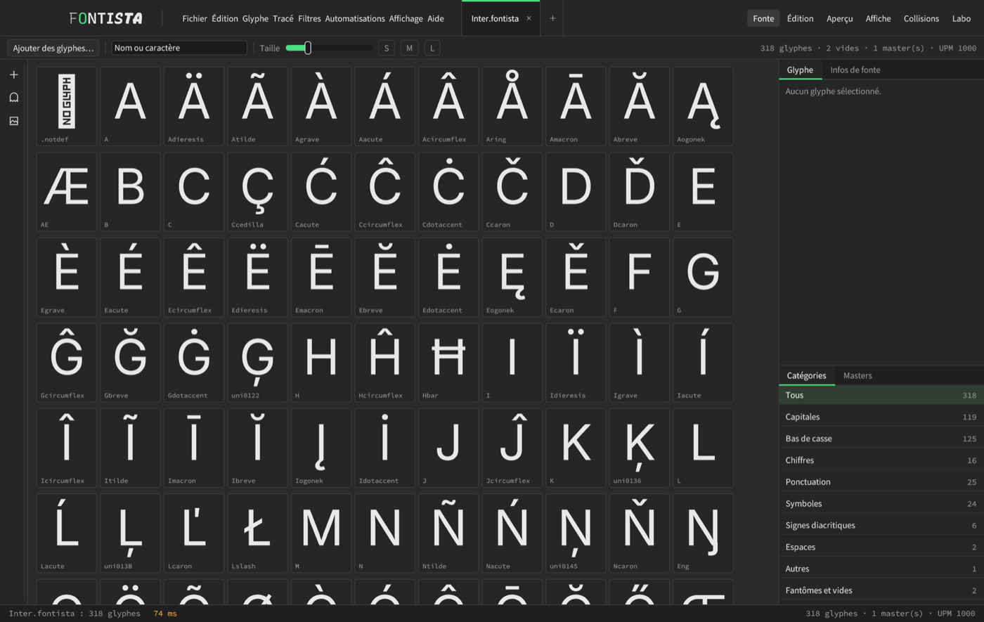 La vue Fonte : tous les glyphes de la fonte en grille, avec leurs filtres par catégorie