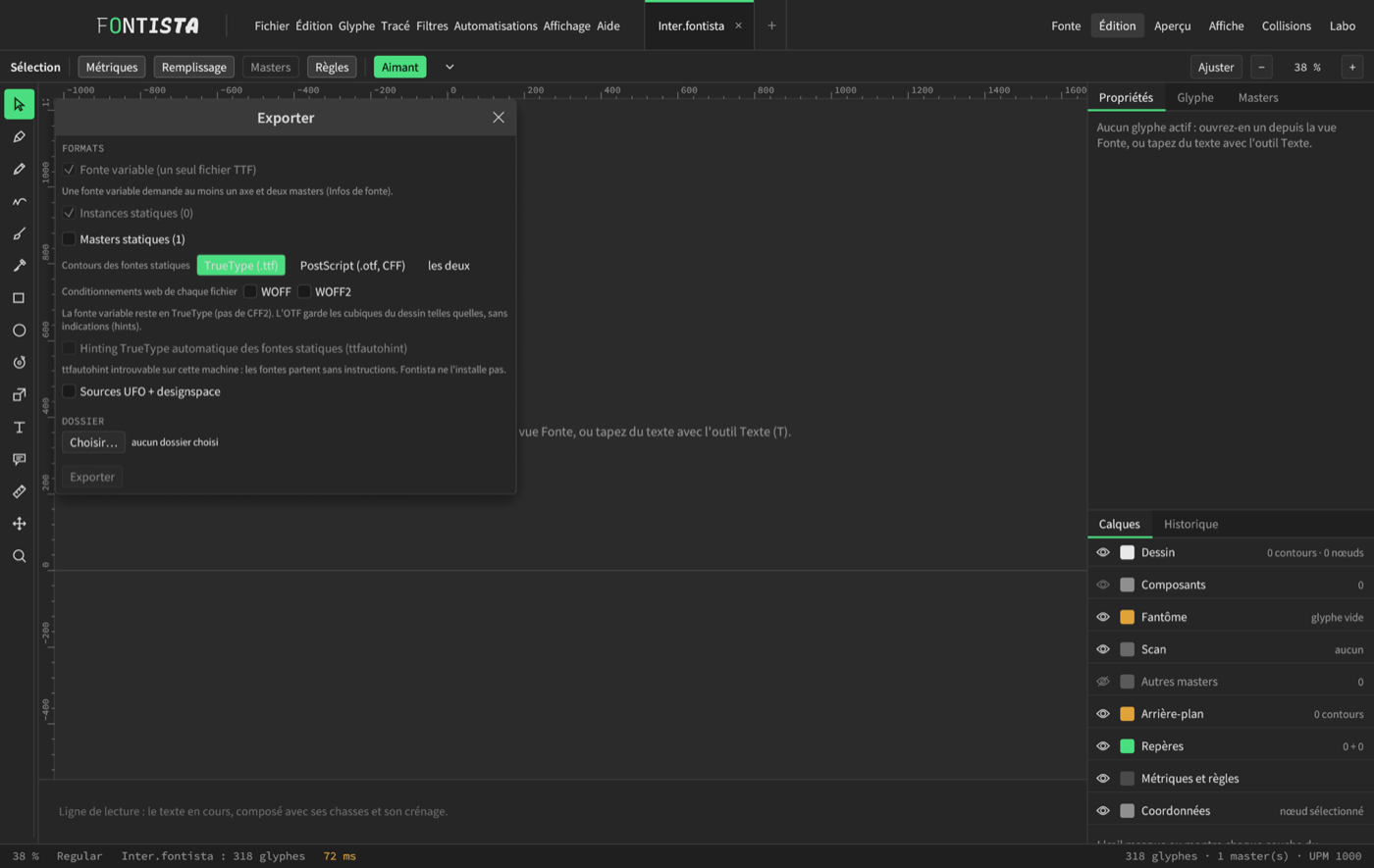 La fenêtre d'export : fonte variable, instances statiques, TrueType ou PostScript, WOFF et WOFF2