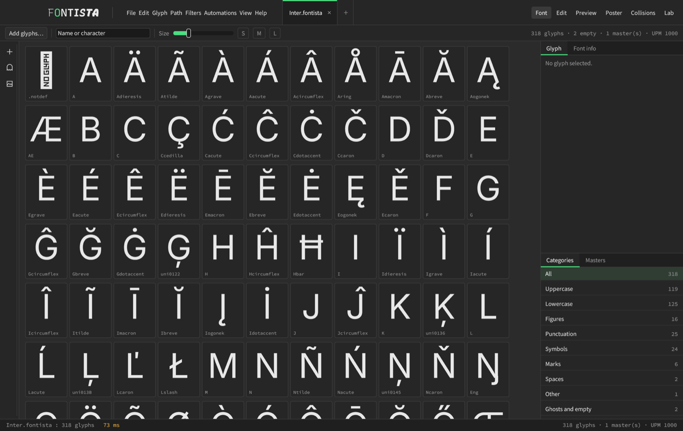 The Font view: every glyph of the font in a grid, with category filters