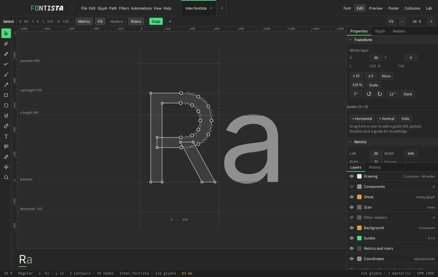 The Fontista Edit view: the letter R being drawn with its nodes, metric lines and the properties panel