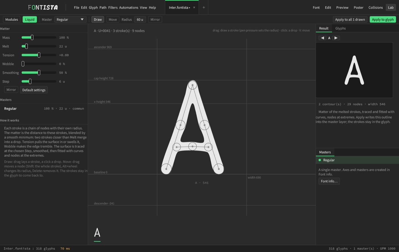 Liquid workshop: the same A drawn with three node strokes melted into one shape