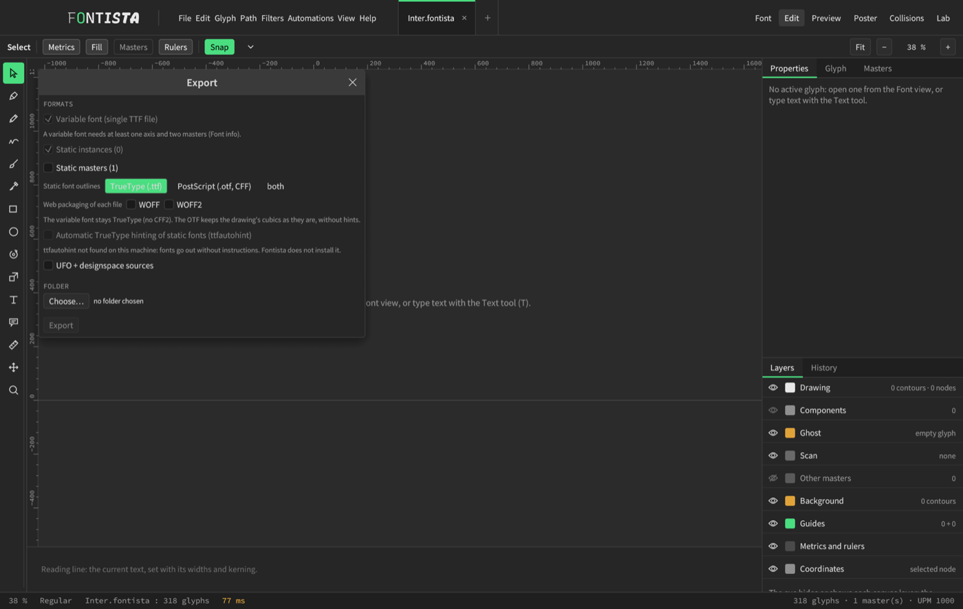 The export window: variable font, static instances, TrueType or PostScript, WOFF and WOFF2